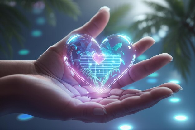 Holograma del corazón sobre el concepto de tecnología de la palma donación diagnóstico en línea representación 3d ilustración 3d