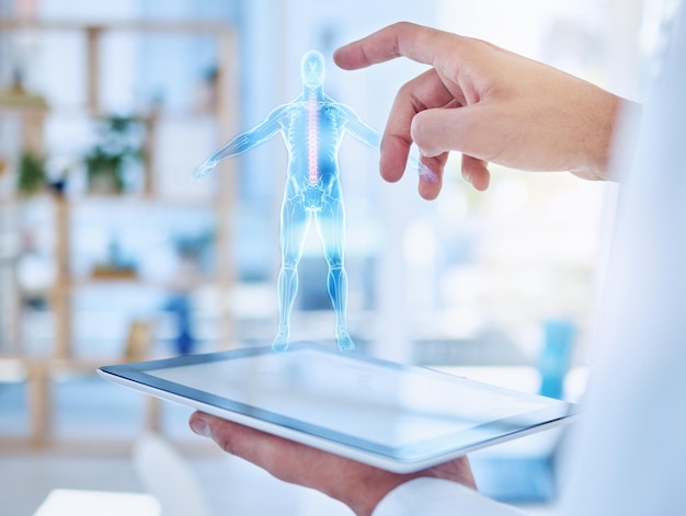 Holograma corporal virtual de ai y médico que trabaja en investigación de atención médica con diseño digital en tableta en un hospital en el trabajo Manos de una enfermera médica que realiza análisis de anatomía humana con gráficos en tecnología