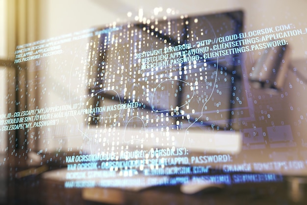 Holograma de cráneo de código creativo sobre ciberdelincuencia de fondo informático moderno y concepto de piratería Multiexposición
