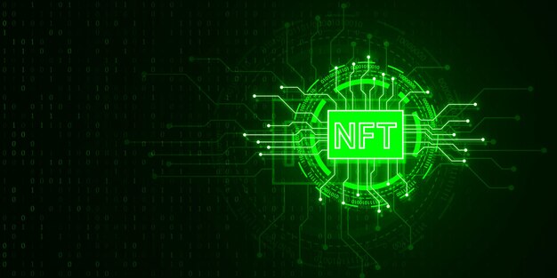 Holograma creativo de circuito NFT verde brillante en fondo oscuro con lugar simulado Token no fungible y concepto de criptomoneda Renderización 3D