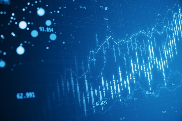 Holograma creativo de gráfico de divisas brillante en un fondo azul borroso Concepto de comercio y finanzas Renderización en 3D