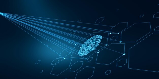 Holograma creativo de huellas dactilares digitales sobre fondo oscuro con líneas Cyber datanase y concepto de acceso Representación 3D