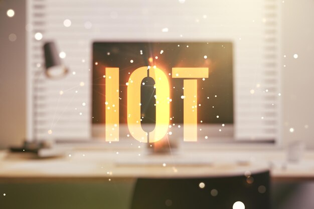 Holograma creativo de IOT en el concepto moderno de Internet de las cosas de fondo de la computadora portátil Multiexposición