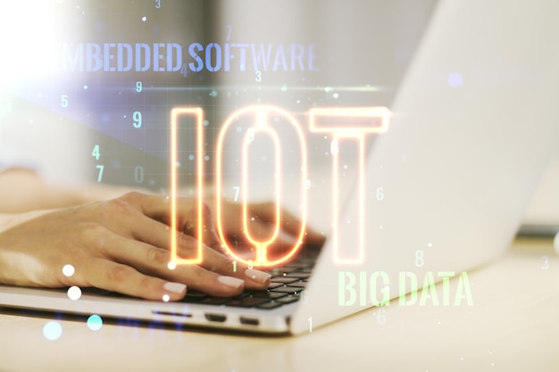 Holograma creativo de IOT con las manos escribiendo en el teclado de la computadora en el concepto de Internet de las cosas de fondo Multiexposición