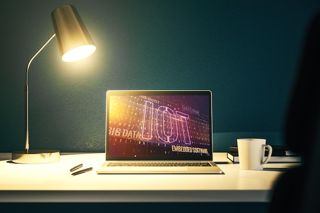 Holograma creativo de IOT en el moderno monitor de computadora portátil Internet de las cosas concepto 3D Rendering