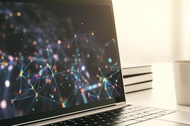 Holograma creativo de tecnología inalámbrica abstracta en un monitor de computadora moderno inteligencia artificial y concepto de aprendizaje automático Renderización en 3D