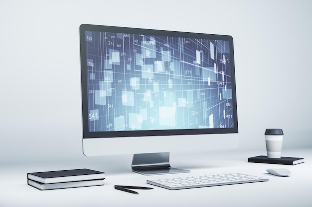 Holograma de datos de estadísticas creativas abstractas en análisis de monitor de computadora moderno y concepto de pronóstico Representación 3D