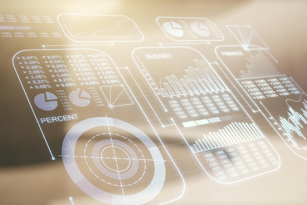 Holograma de datos de estadísticas virtuales abstractos sobre fondo de oficina corporativa vacía Multiexposición