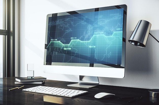 Holograma de datos estadísticos creativos abstractos en análisis de monitores de computadora modernos y concepto de pronóstico Representación 3D