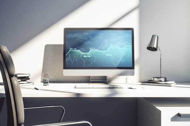 Holograma de datos estadísticos creativos abstractos en análisis de monitores de computadora modernos y concepto de pronóstico Representación 3D