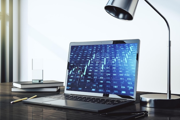 Holograma de datos estadísticos creativos abstractos en análisis de monitores de computadora modernos y concepto de pronóstico Representación 3D
