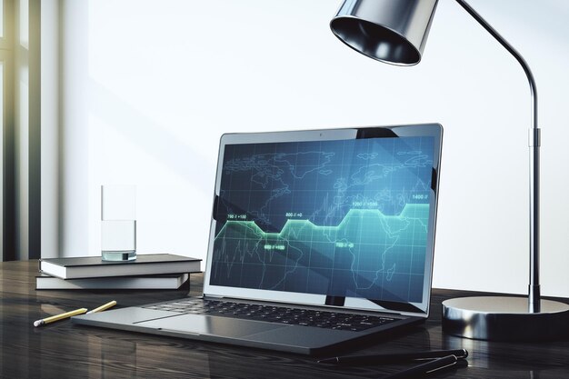 Holograma de datos estadísticos creativos abstractos en análisis de monitores de computadora modernos y concepto de pronóstico Representación 3D
