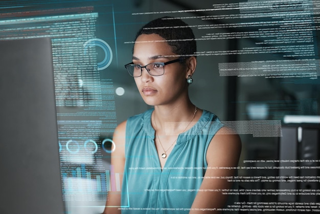 Holograma de datos informáticos hud o mujer revisión tabla de finanzas base de datos del mercado de valores o superposición nocturna futurista Tablero de instrumentos de inversión Forex comercio electrónico web o comerciante africano que negocia NFT o cripto bitcoin