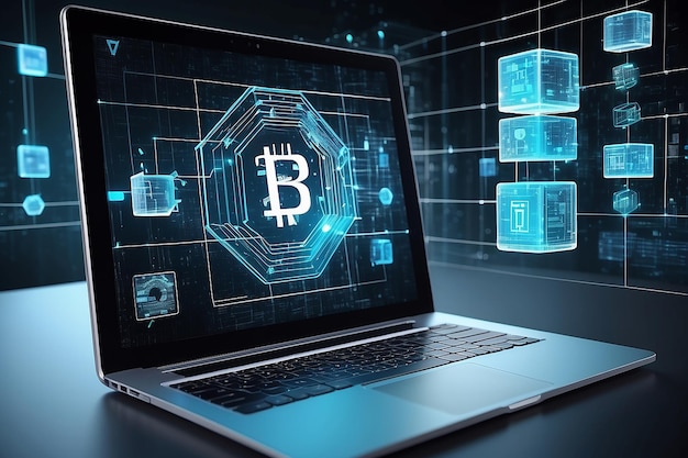 Holograma de blocos virtuais tecnologia blockchain com informações analíticas laptop conceito de inovação proteção de dados criptografia criptografia inteligente futura dupla exposição