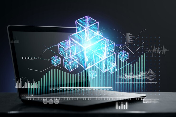 Foto holograma de blocos virtuais, tecnologia blockchain com informações analíticas, laptop. conceito de inovação, proteção de dados, criptografia, criptografia inteligente, futuro. dupla exposição.