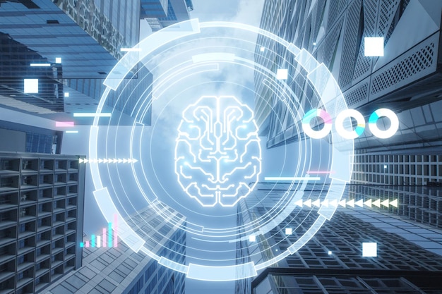 Holograma de cérebro redondo brilhante criativo em papel de parede da cidade brilhante borroso Chat de inteligência artificial assistente de bot GPT e conceito de aprendizado de máquina Dupla exposição