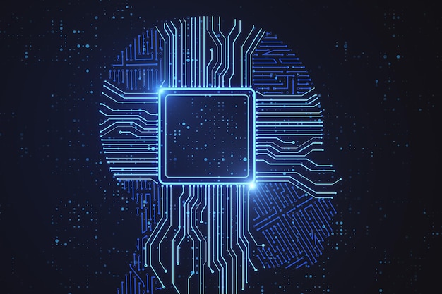 Holograma de chip de circuito abstrato na cabeça do robô