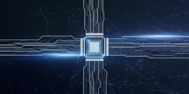 Holograma de circuito de chip amplo e brilhante criativo na cpu de fundo escuro e no conceito de metaverso 3d rendering