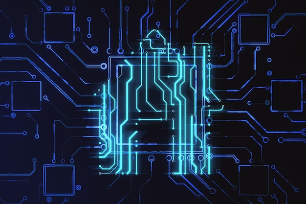 Holograma de circuito de chip de casa criativa em fundo escuro Hardware doméstico inteligente e conceito de tecnologia futurista Renderização em 3D