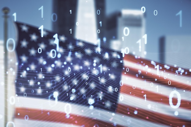 Holograma de código binário virtual abstrato na bandeira dos EUA e fundo do horizonte AI e conceito de aprendizado de máquina Multiexposição
