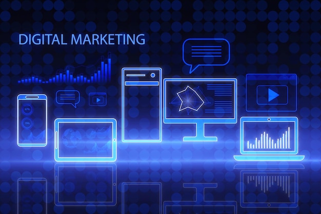 Holograma de gadgets azuis criativos e gráfico de negócios em papel de parede de pixel embaçado Rede social de marketing digital e conceito de serviço on-line renderização 3D