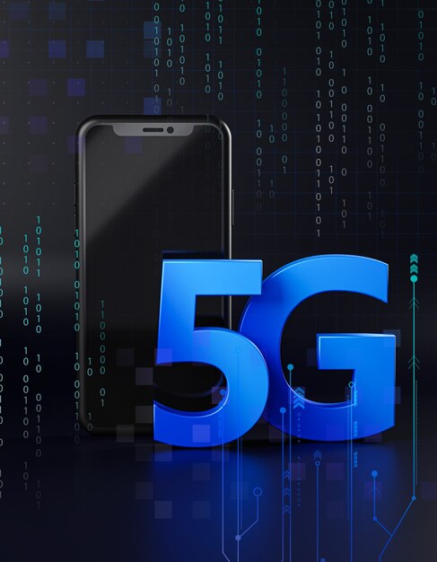 Holograma de ícone de dois smartphones 5G. Renderização 3D do conceito de tecnologia