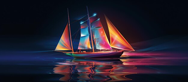 Foto holograma de néon colorido estilo de desenho de veleiro imagem gerada por ia