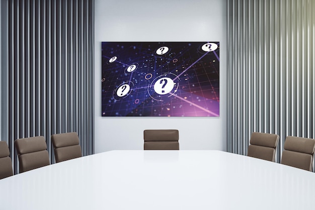 Holograma de ponto de interrogação na tela de tv de apresentação em uma moderna sala de reuniões Conceito de sociologia e psicologia 3D Rendering