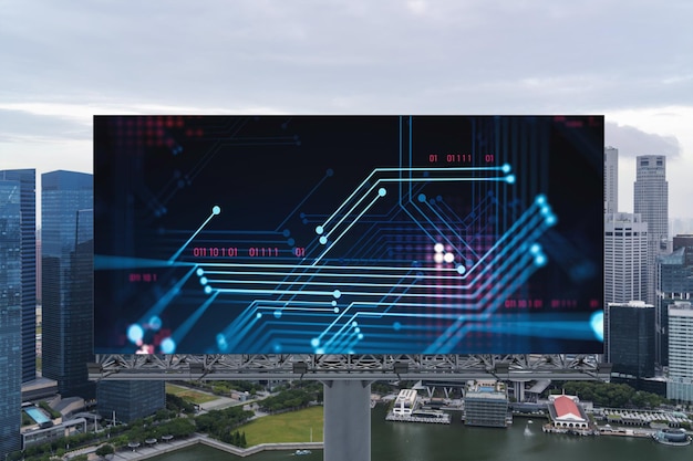 Holograma de tecnologia em outdoor sobre vista panorâmica da cidade de Cingapura O maior centro de tecnologia do Sudeste Asiático O conceito de desenvolvimento de codificação e ciência de alta tecnologia