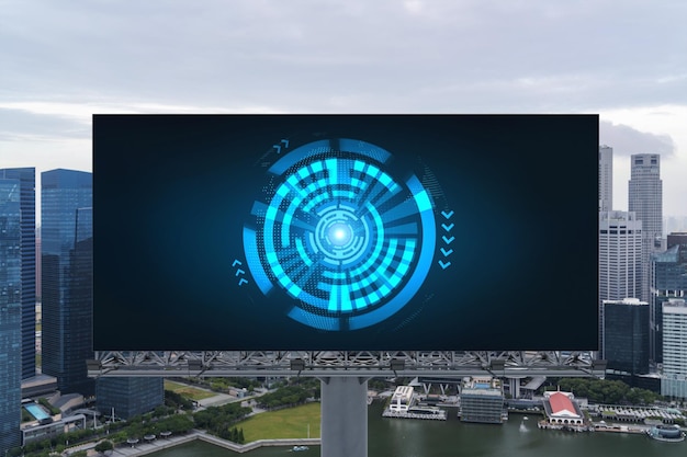 Holograma de tecnologia em outdoor sobre vista panorâmica da cidade de Cingapura O maior centro de tecnologia do Sudeste Asiático O conceito de desenvolvimento de codificação e ciência de alta tecnologia