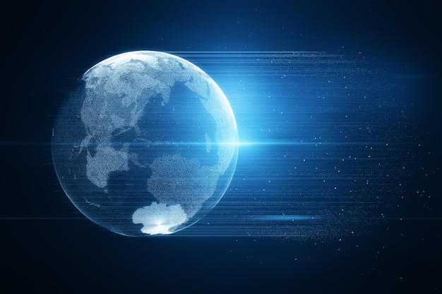 Holograma de terra poligonal azul brilhante com linhas e brilhos em pano de fundo escuro Metaverso e conceito de mundo global Renderização em 3D