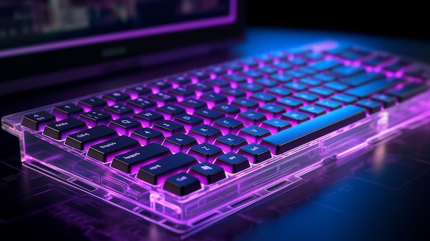 Holograma de um teclado de computador com teclas holográficas e iluminação retroiluminada gerada por IA