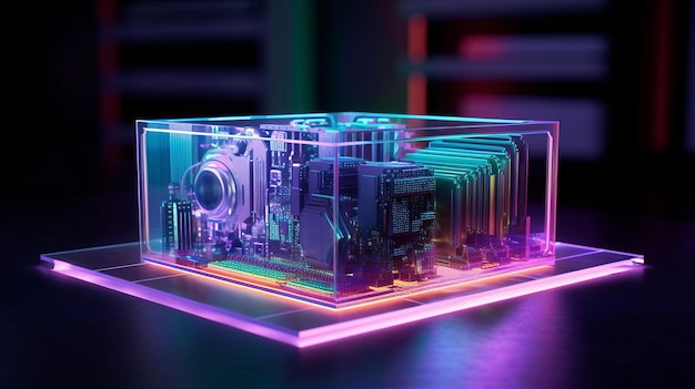 Holograma de uma placa gráfica de computador com efeitos de renderização holográfica gerados por IA