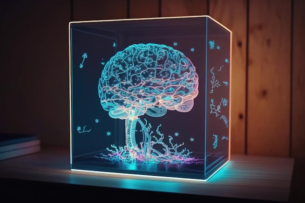 Holograma desenhado pelo cérebro em um computador desktop duplamente exposto a ideia de inteligência artificial