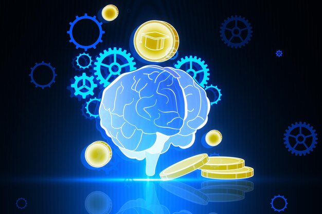 Holograma digital de cerebro brillante creativo en papel tapiz borroso con engranajes y monedas IA y elementos hud futuristas Renderización 3D
