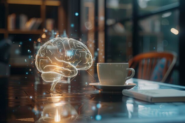 holograma digital del cerebro en un fondo de mesa de oficina con una placa de circuitos y una taza de café a la vista de cerca