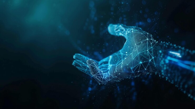 Holograma digital de mano en fondo oscuro con espacio de copia Conexión de red neuronal Comunicación con inteligencia artificial