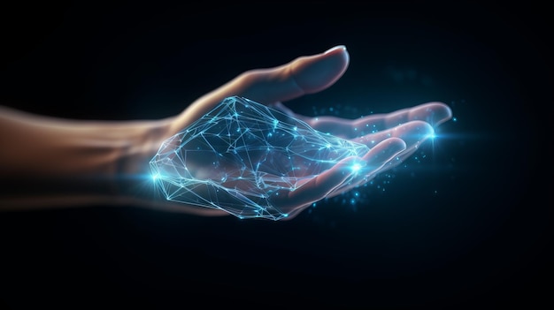 Foto holograma digital de mano en fondo oscuro con espacio de copia conexión de red neuronal comunicación con inteligencia artificial