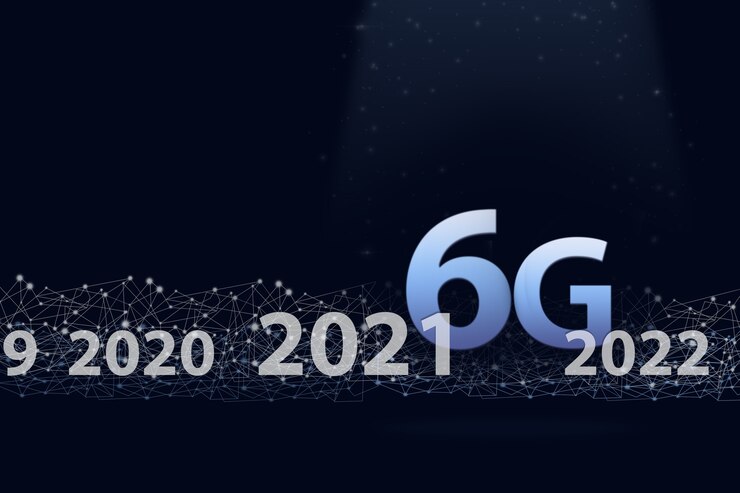 Foto holograma digital de red 6g e internet de las cosas sobre fondo azul oscuro. red inalámbrica 6g