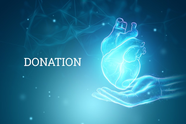 Holograma do coração acima da palma. Conceito de tecnologia, doação, diagnóstico online. Renderização 3D, ilustração 3D.