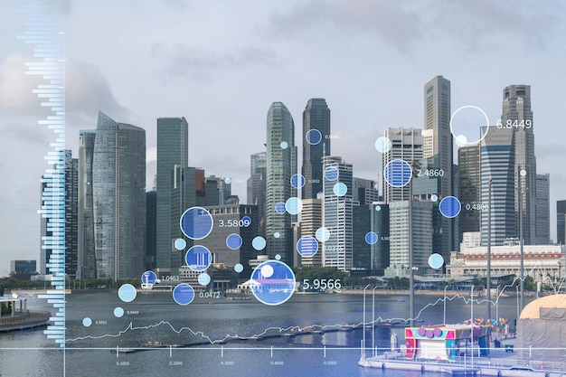 Holograma do gráfico de ações financeiras sobre a vista panorâmica da cidade do centro de negócios de Cingapura na Ásia O conceito de transações internacionais Dupla exposição