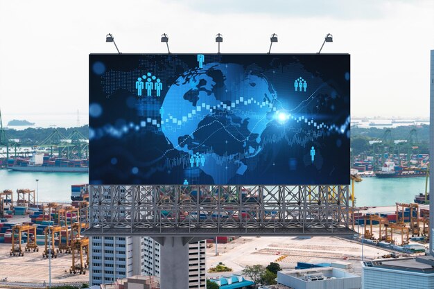 Holograma do mapa do planeta Terra do mundo e ícones de mídia social no outdoor sobre a vista panorâmica da cidade de Cingapura no Sudeste Asiático O conceito de redes e conexões de pessoas