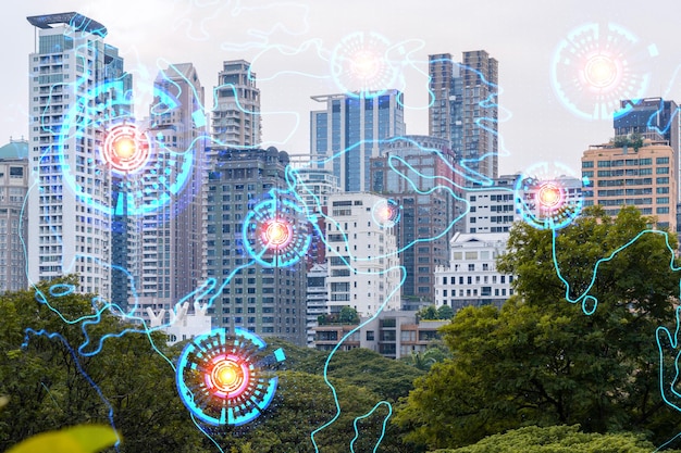 Holograma do mapa do planeta Terra sobre a vista panorâmica da cidade de Bangkok Ásia O conceito de conexões internacionais e negócios Multi Exposição