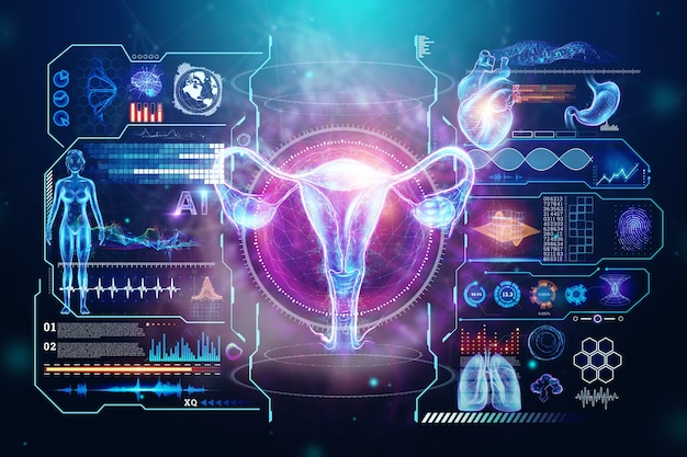 Holograma do órgão feminino do útero com diferentes indicações médicas, ultrassom do útero. Conceito de ultrassom, ginecologia, obstetrícia, ovulação, gravidez. Ilustração 3D, renderização em 3D.