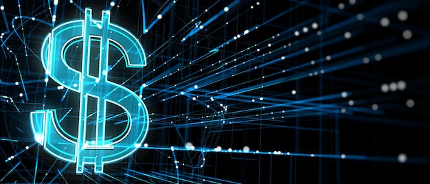 Holograma de dólar brillante creativo con líneas de metaverso sobre fondo ancho oscuro Dinero aplicación de banca en línea moneda y concepto de finanzas Representación 3D