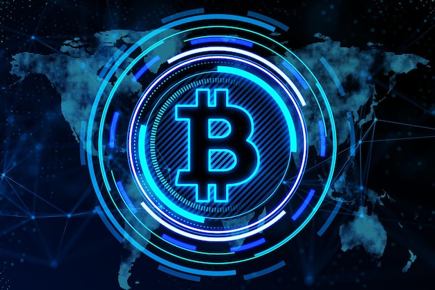 Holograma e mapa de bitcoin brilhante criativo em fundo escuro Crytpocurrency nft metaverse e conceito de blockchain Renderização em 3D