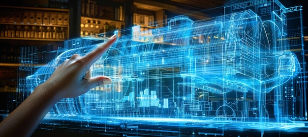 Holograma de edificio comercial de realidad virtual con la mano apuntando en un telón de fondo futurista