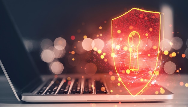 Holograma de escudo con símbolo de agujero de llave mostrado por encima del teclado de la computadora portátil en el escritorio que representa la ciberseguridad y la seguridad digital por la noche