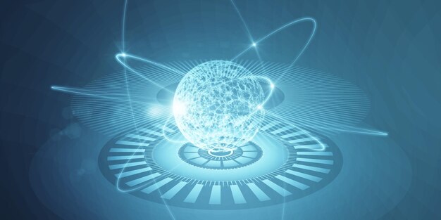 Holograma de esfera poligonal brillante sobre fondo azul Metaverso y concepto futuro Representación 3D