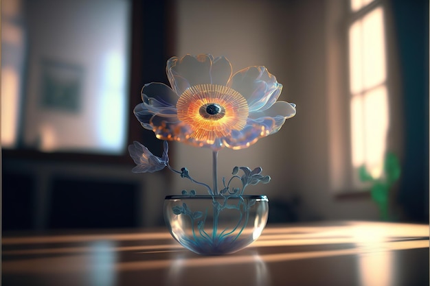 Holograma de flor tridimensional en interior futurista creado con ai generativo